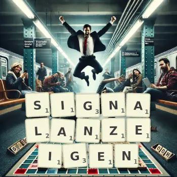 Kreative Illustration für ein Scrabble-Spiel, bei dem das Wort SIGNALANZEIGEN mit Steinen auf dem Brett gelegt wurde.