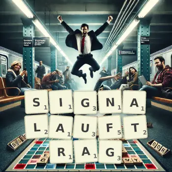 Kreative Illustration für ein Scrabble-Spiel, bei dem das Wort SIGNALAUFTRAG mit Steinen auf dem Brett gelegt wurde.