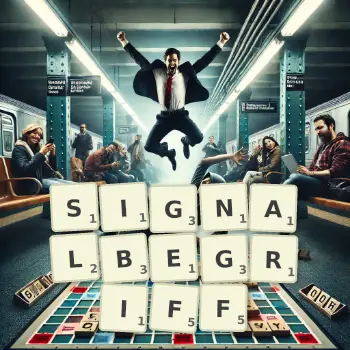 Kreative Illustration für ein Scrabble-Spiel, bei dem das Wort SIGNALBEGRIFF mit Steinen auf dem Brett gelegt wurde.