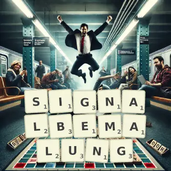 Kreative Illustration für ein Scrabble-Spiel, bei dem das Wort SIGNALBEMALUNG mit Steinen auf dem Brett gelegt wurde.