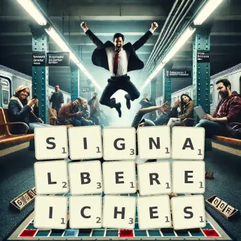 Kreative Illustration für ein Scrabble-Spiel, bei dem das Wort SIGNALBEREICHES mit Steinen auf dem Brett gelegt wurde.