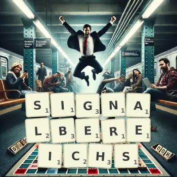 Kreative Illustration für ein Scrabble-Spiel, bei dem das Wort SIGNALBEREICHS mit Steinen auf dem Brett gelegt wurde.