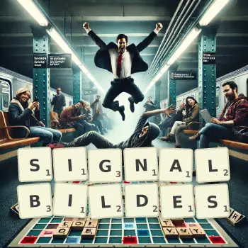 Kreative Illustration für ein Scrabble-Spiel, bei dem das Wort SIGNALBILDES mit Steinen auf dem Brett gelegt wurde.