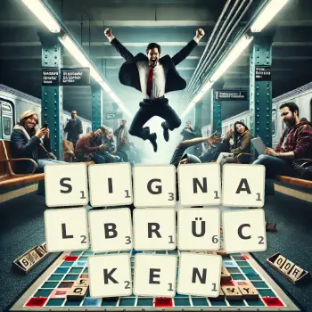 Kreative Illustration für ein Scrabble-Spiel, bei dem das Wort SIGNALBRÜCKEN mit Steinen auf dem Brett gelegt wurde.