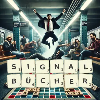 Kreative Illustration für ein Scrabble-Spiel, bei dem das Wort SIGNALBÜCHER mit Steinen auf dem Brett gelegt wurde.