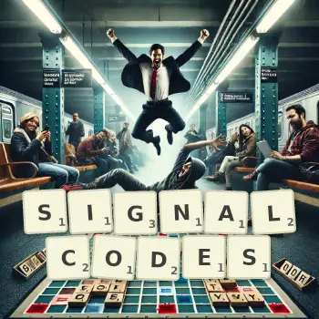 Kreative Illustration für ein Scrabble-Spiel, bei dem das Wort SIGNALCODES mit Steinen auf dem Brett gelegt wurde.