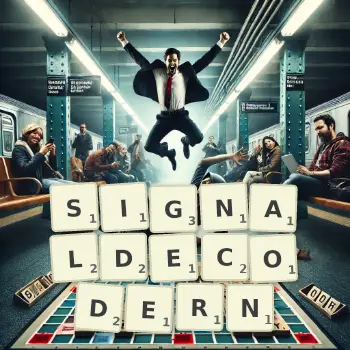 Kreative Illustration für ein Scrabble-Spiel, bei dem das Wort SIGNALDECODERN mit Steinen auf dem Brett gelegt wurde.