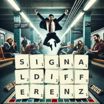 Kreative Illustration für ein Scrabble-Spiel, bei dem das Wort SIGNALDIFFERENZ mit Steinen auf dem Brett gelegt wurde.