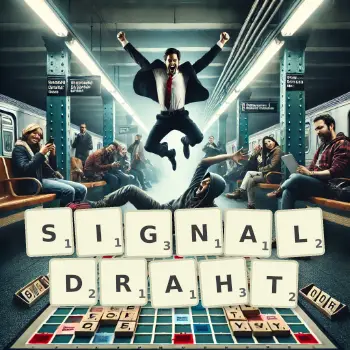 Kreative Illustration für ein Scrabble-Spiel, bei dem das Wort SIGNALDRAHT mit Steinen auf dem Brett gelegt wurde.