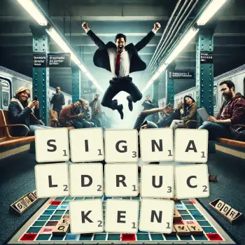 Kreative Illustration für ein Scrabble-Spiel, bei dem das Wort SIGNALDRUCKEN mit Steinen auf dem Brett gelegt wurde.