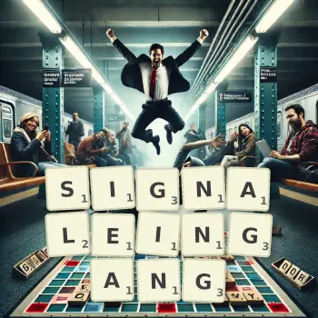 Kreative Illustration für ein Scrabble-Spiel, bei dem das Wort SIGNALEINGANG mit Steinen auf dem Brett gelegt wurde.