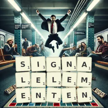 Kreative Illustration für ein Scrabble-Spiel, bei dem das Wort SIGNALELEMENTEN mit Steinen auf dem Brett gelegt wurde.
