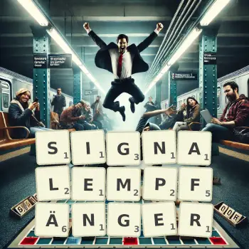 Kreative Illustration für ein Scrabble-Spiel, bei dem das Wort SIGNALEMPFÄNGER mit Steinen auf dem Brett gelegt wurde.