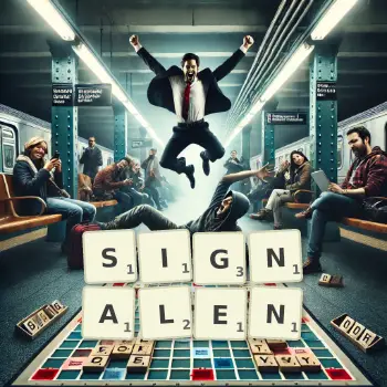 Kreative Illustration für ein Scrabble-Spiel, bei dem das Wort SIGNALEN mit Steinen auf dem Brett gelegt wurde.