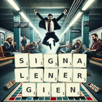 Kreative Illustration für ein Scrabble-Spiel, bei dem das Wort SIGNALENERGIEN mit Steinen auf dem Brett gelegt wurde.