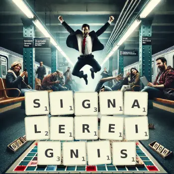 Kreative Illustration für ein Scrabble-Spiel, bei dem das Wort SIGNALEREIGNIS mit Steinen auf dem Brett gelegt wurde.