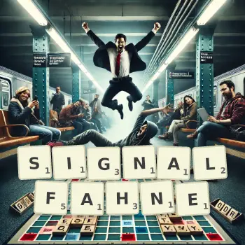 Kreative Illustration für ein Scrabble-Spiel, bei dem das Wort SIGNALFAHNE mit Steinen auf dem Brett gelegt wurde.