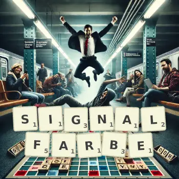 Kreative Illustration für ein Scrabble-Spiel, bei dem das Wort SIGNALFARBE mit Steinen auf dem Brett gelegt wurde.