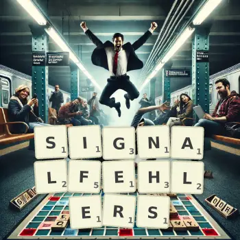 Kreative Illustration für ein Scrabble-Spiel, bei dem das Wort SIGNALFEHLERS mit Steinen auf dem Brett gelegt wurde.