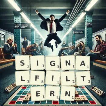 Kreative Illustration für ein Scrabble-Spiel, bei dem das Wort SIGNALFILTERN mit Steinen auf dem Brett gelegt wurde.