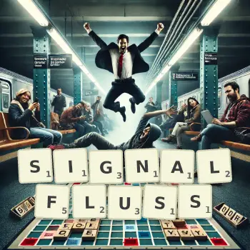 Kreative Illustration für ein Scrabble-Spiel, bei dem das Wort SIGNALFLUSS mit Steinen auf dem Brett gelegt wurde.