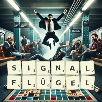 Kreative Illustration für ein Scrabble-Spiel, bei dem das Wort SIGNALFLÜGEL mit Steinen auf dem Brett gelegt wurde.