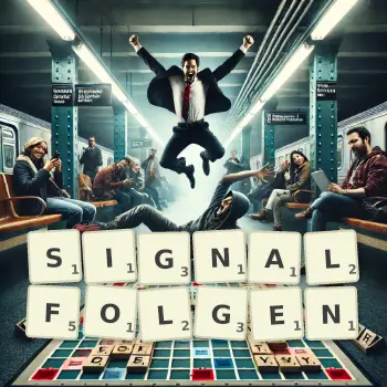 Kreative Illustration für ein Scrabble-Spiel, bei dem das Wort SIGNALFOLGEN mit Steinen auf dem Brett gelegt wurde.