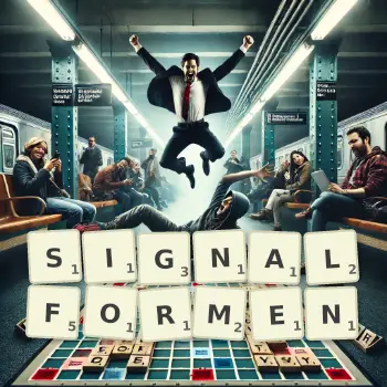 Kreative Illustration für ein Scrabble-Spiel, bei dem das Wort SIGNALFORMEN mit Steinen auf dem Brett gelegt wurde.