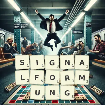 Kreative Illustration für ein Scrabble-Spiel, bei dem das Wort SIGNALFORMUNG mit Steinen auf dem Brett gelegt wurde.
