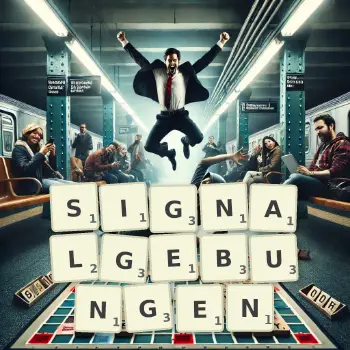 Kreative Illustration für ein Scrabble-Spiel, bei dem das Wort SIGNALGEBUNGEN mit Steinen auf dem Brett gelegt wurde.