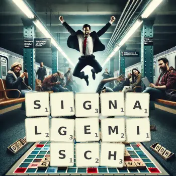 Kreative Illustration für ein Scrabble-Spiel, bei dem das Wort SIGNALGEMISCH mit Steinen auf dem Brett gelegt wurde.