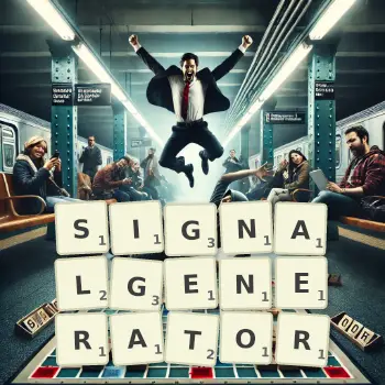 Kreative Illustration für ein Scrabble-Spiel, bei dem das Wort SIGNALGENERATOR mit Steinen auf dem Brett gelegt wurde.