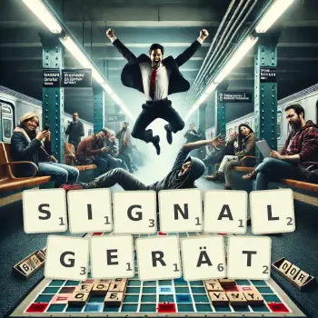 Kreative Illustration für ein Scrabble-Spiel, bei dem das Wort SIGNALGERÄT mit Steinen auf dem Brett gelegt wurde.