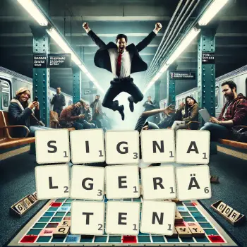 Kreative Illustration für ein Scrabble-Spiel, bei dem das Wort SIGNALGERÄTEN mit Steinen auf dem Brett gelegt wurde.