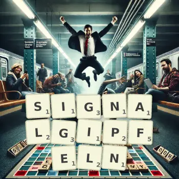 Kreative Illustration für ein Scrabble-Spiel, bei dem das Wort SIGNALGIPFELN mit Steinen auf dem Brett gelegt wurde.