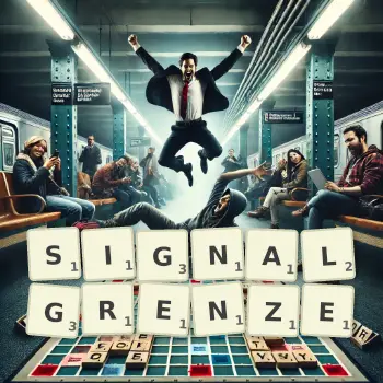 Kreative Illustration für ein Scrabble-Spiel, bei dem das Wort SIGNALGRENZE mit Steinen auf dem Brett gelegt wurde.
