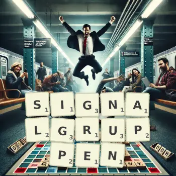 Kreative Illustration für ein Scrabble-Spiel, bei dem das Wort SIGNALGRUPPEN mit Steinen auf dem Brett gelegt wurde.