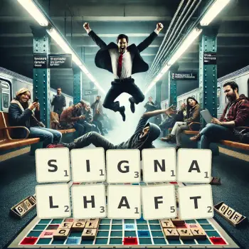 Kreative Illustration für ein Scrabble-Spiel, bei dem das Wort SIGNALHAFT mit Steinen auf dem Brett gelegt wurde.