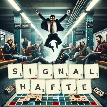 Kreative Illustration für ein Scrabble-Spiel, bei dem das Wort SIGNALHAFTE mit Steinen auf dem Brett gelegt wurde.