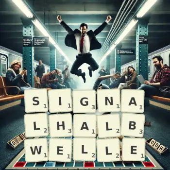 Kreative Illustration für ein Scrabble-Spiel, bei dem das Wort SIGNALHALBWELLE mit Steinen auf dem Brett gelegt wurde.