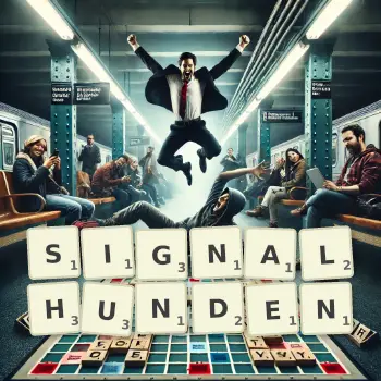 Kreative Illustration für ein Scrabble-Spiel, bei dem das Wort SIGNALHUNDEN mit Steinen auf dem Brett gelegt wurde.