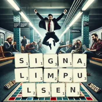 Kreative Illustration für ein Scrabble-Spiel, bei dem das Wort SIGNALIMPULSEN mit Steinen auf dem Brett gelegt wurde.