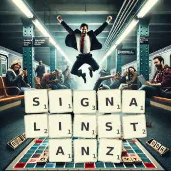 Kreative Illustration für ein Scrabble-Spiel, bei dem das Wort SIGNALINSTANZ mit Steinen auf dem Brett gelegt wurde.