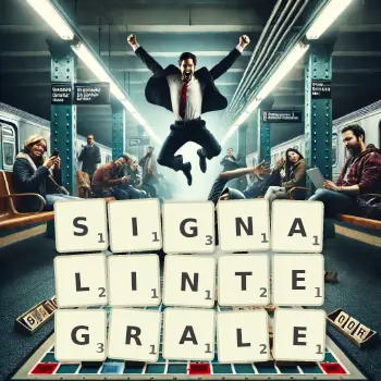 Kreative Illustration für ein Scrabble-Spiel, bei dem das Wort SIGNALINTEGRALE mit Steinen auf dem Brett gelegt wurde.