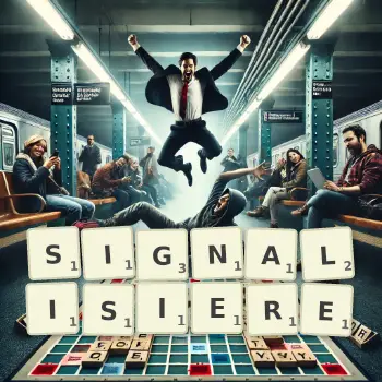 Kreative Illustration für ein Scrabble-Spiel, bei dem das Wort SIGNALISIERE mit Steinen auf dem Brett gelegt wurde.