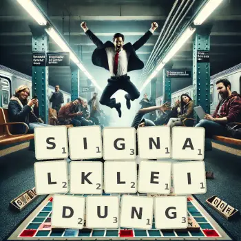 Kreative Illustration für ein Scrabble-Spiel, bei dem das Wort SIGNALKLEIDUNG mit Steinen auf dem Brett gelegt wurde.