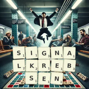 Kreative Illustration für ein Scrabble-Spiel, bei dem das Wort SIGNALKREBSEN mit Steinen auf dem Brett gelegt wurde.