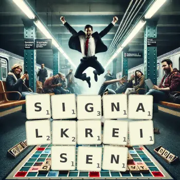 Kreative Illustration für ein Scrabble-Spiel, bei dem das Wort SIGNALKREISEN mit Steinen auf dem Brett gelegt wurde.