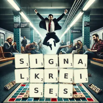 Kreative Illustration für ein Scrabble-Spiel, bei dem das Wort SIGNALKREISES mit Steinen auf dem Brett gelegt wurde.