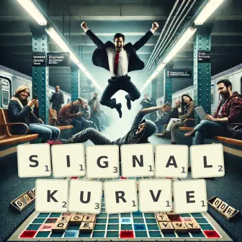 Kreative Illustration für ein Scrabble-Spiel, bei dem das Wort SIGNALKURVE mit Steinen auf dem Brett gelegt wurde.